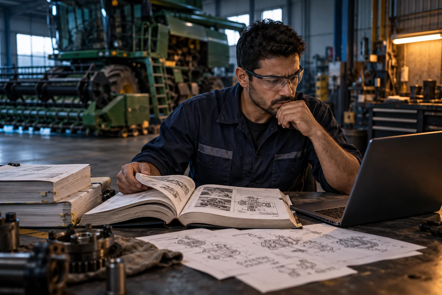 Technician searching through manuals and a laptop for technical information