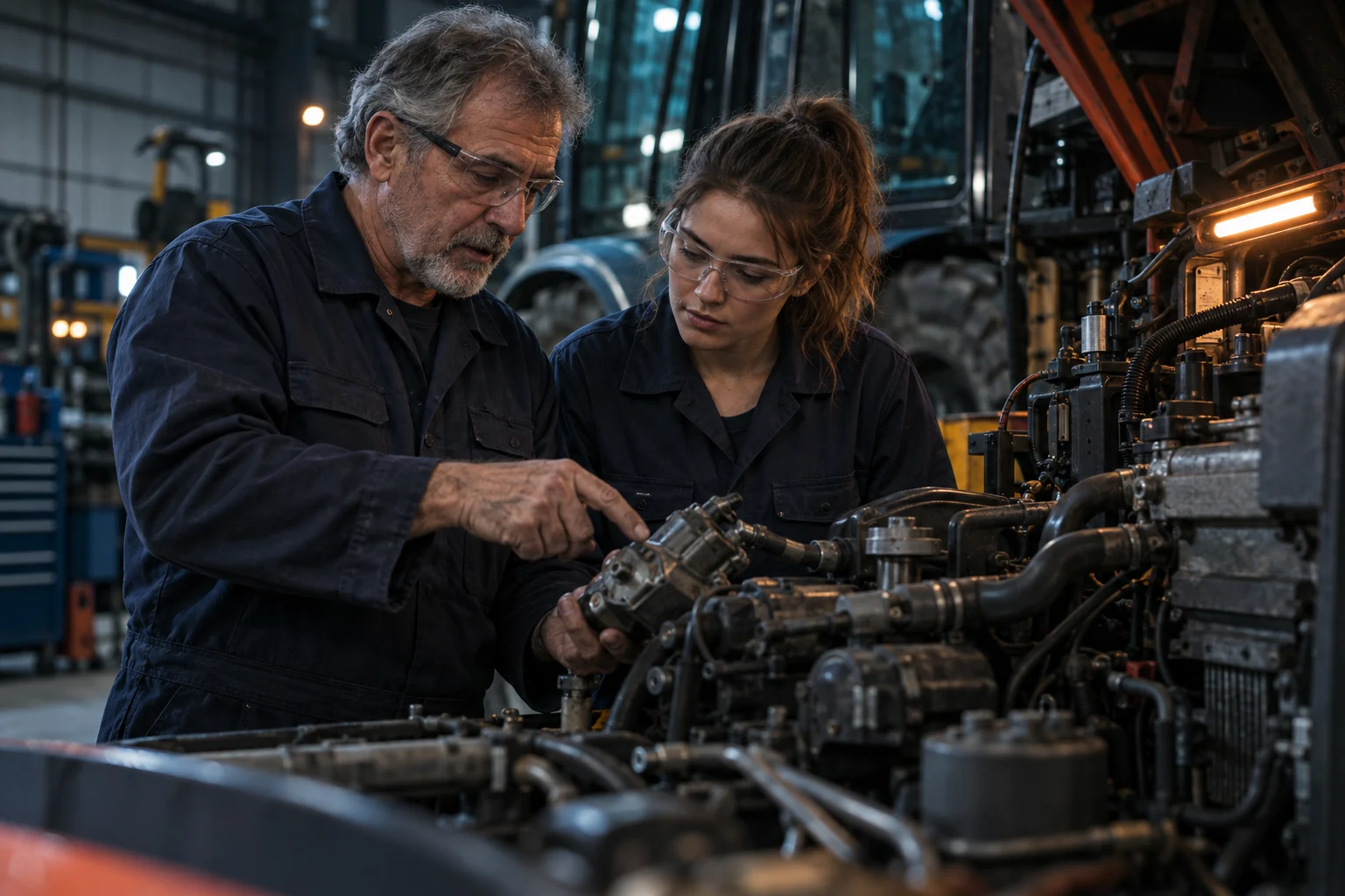 An experienced mechanic sharing knowledge with a younger technician