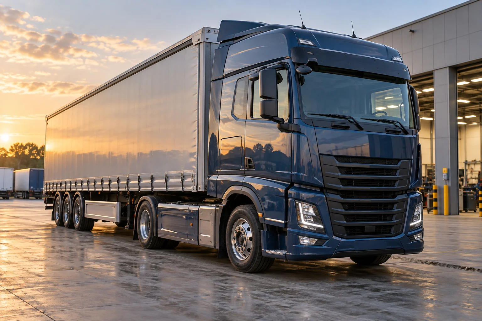 Illustrative heavy truck awaiting maintenance in a logistics yard