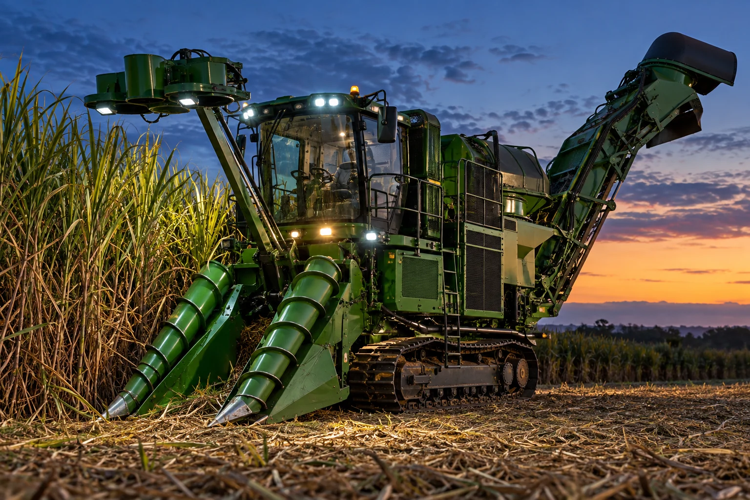 Illustrative green crawler sugarcane harvester