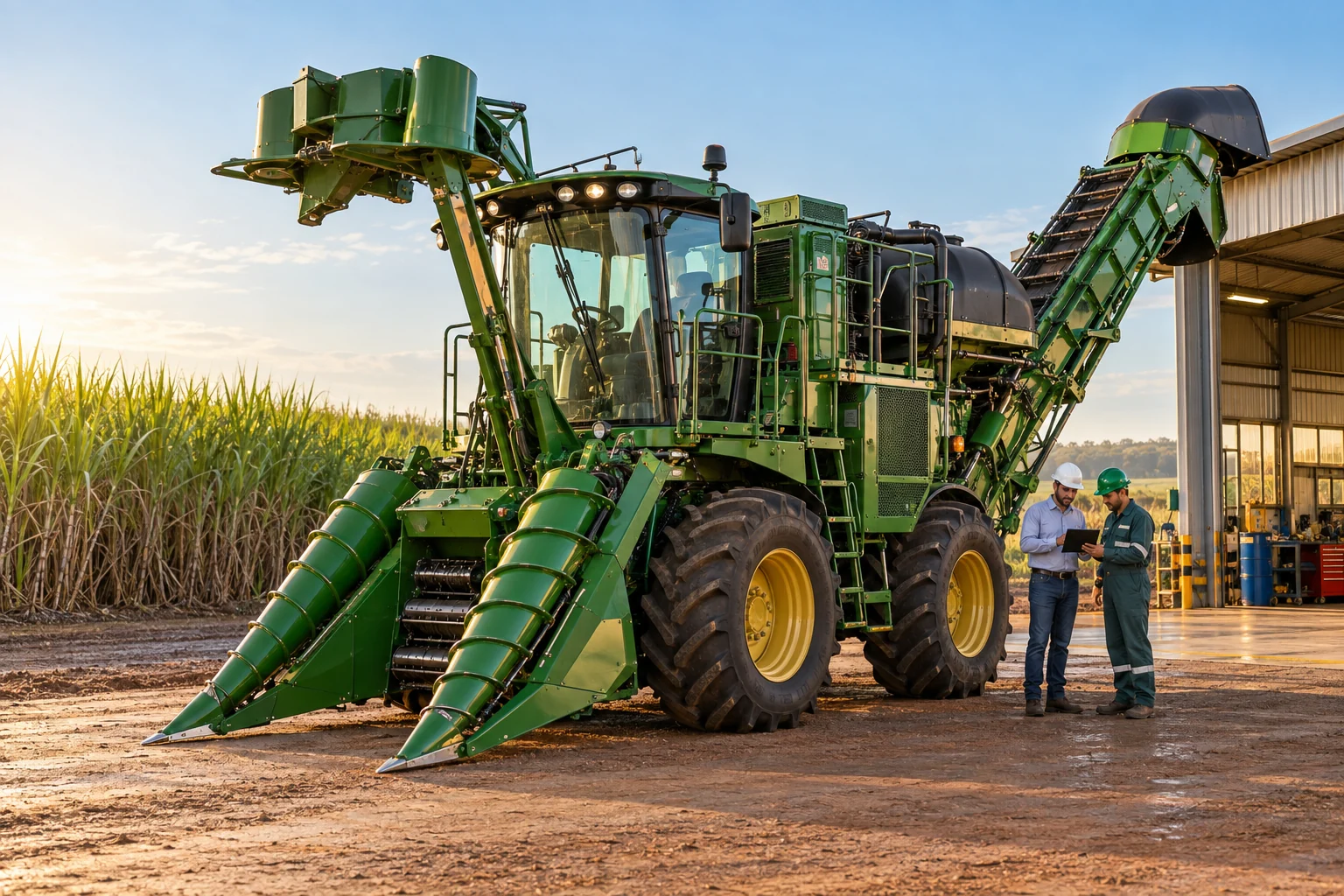 Illustrative preventive readiness review beside a green wheeled sugarcane harvester