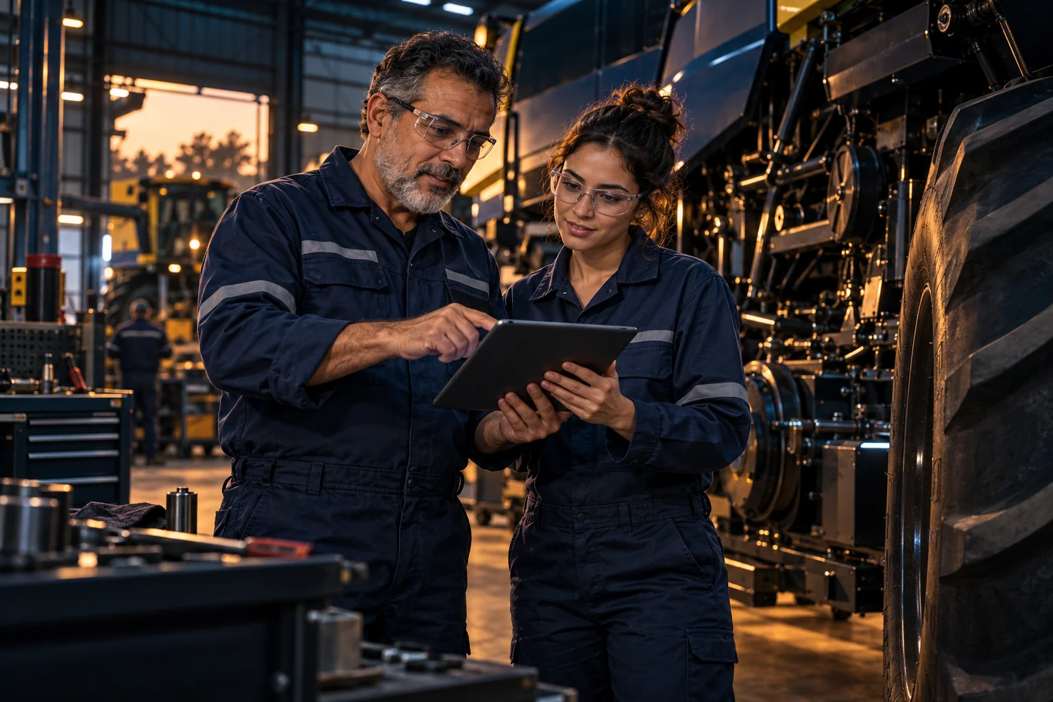 Illustrative scene of specialists sharing equipment knowledge at the point of work